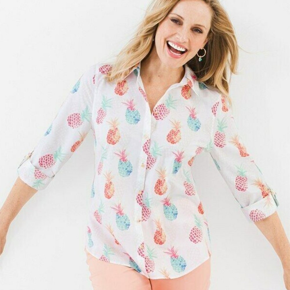 Chico's No Iron Pineapple Button Front Top HW8038 - Picture 1 of 8